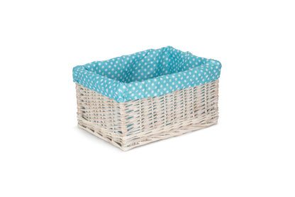LARGE WHITE WASH STORAGE BASKET with BLUE SPOTTY LINING