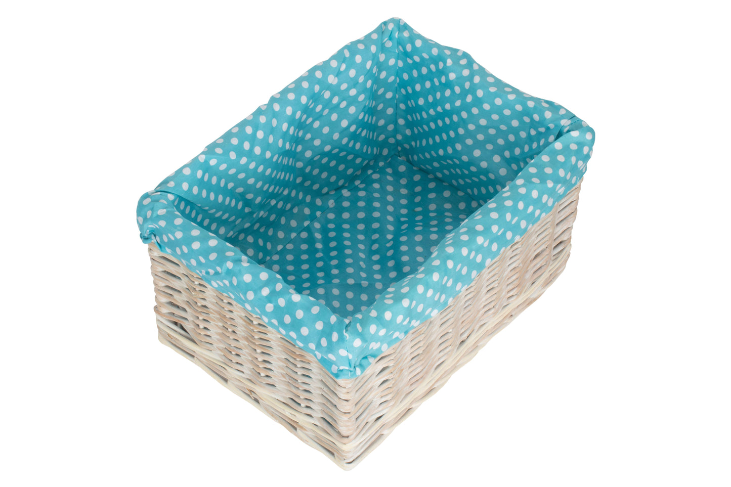LARGE WHITE WASH STORAGE BASKET with BLUE SPOTTY LINING