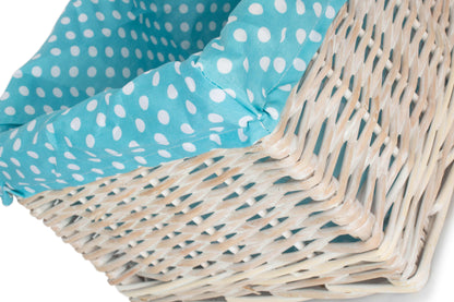 LARGE WHITE WASH STORAGE BASKET with BLUE SPOTTY LINING