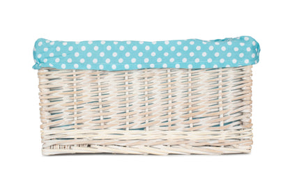 LARGE WHITE WASH STORAGE BASKET with BLUE SPOTTY LINING