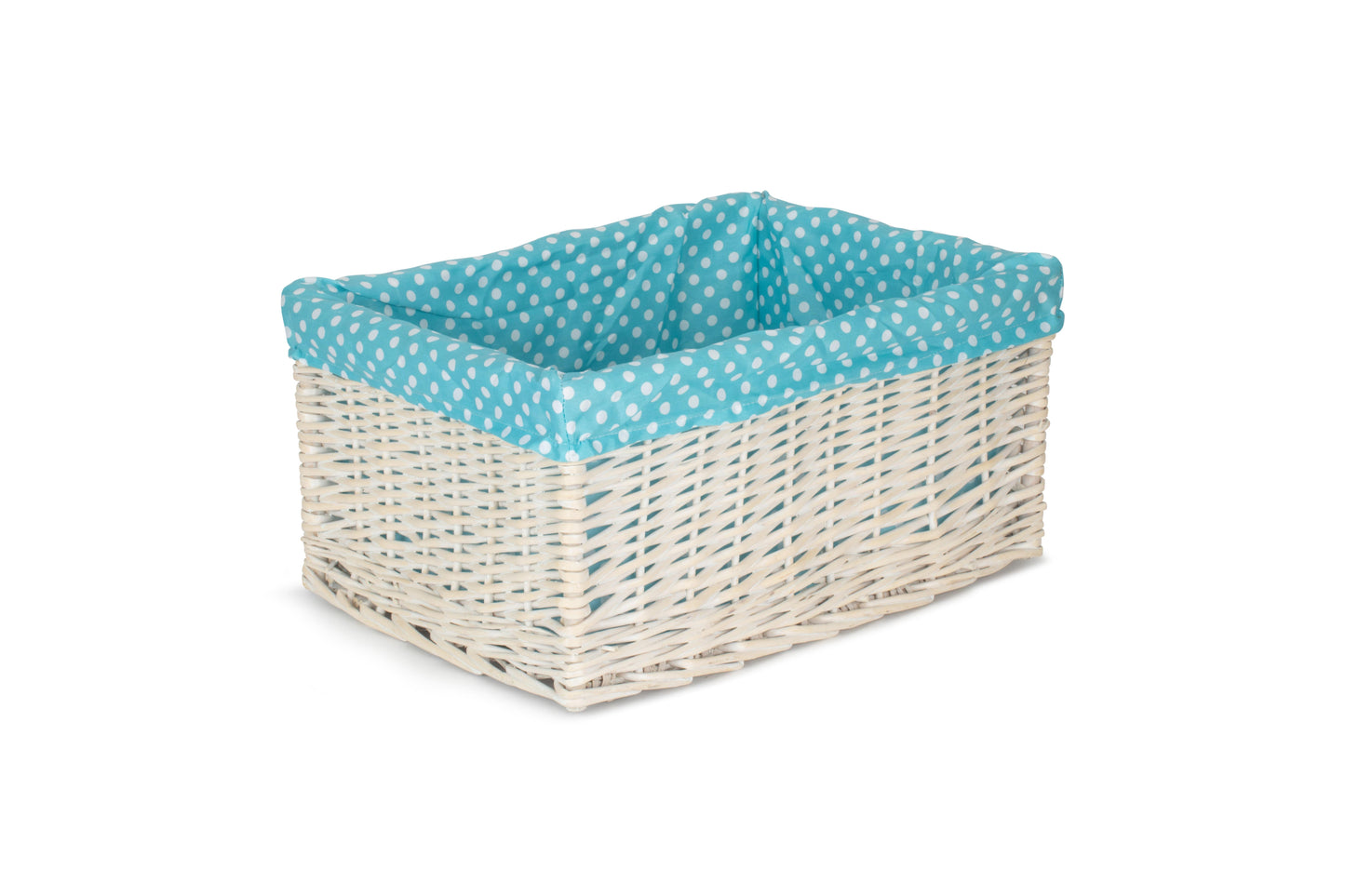 EXTRA LARGE WHITE WASH STORAGE BASKET with BLUE SPOTTY LINING