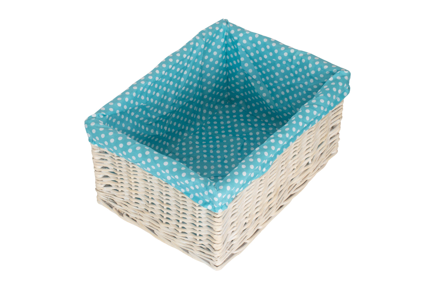 EXTRA LARGE WHITE WASH STORAGE BASKET with BLUE SPOTTY LINING