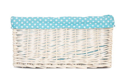 EXTRA LARGE WHITE WASH STORAGE BASKET with BLUE SPOTTY LINING