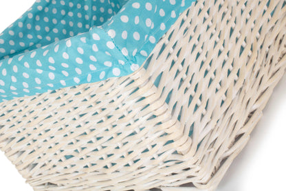 EXTRA LARGE WHITE WASH STORAGE BASKET with BLUE SPOTTY LINING