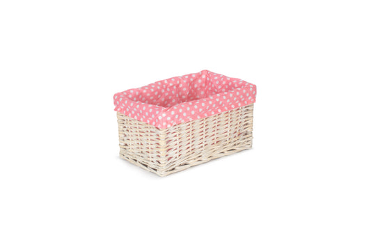 SMALL WHITE WASH STORAGE BASKET with PINK SPOTTY LINING