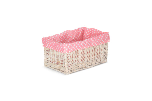 MEDIUM WHITE WASH STORAGE BASKET with PINK SPOTTY LINING