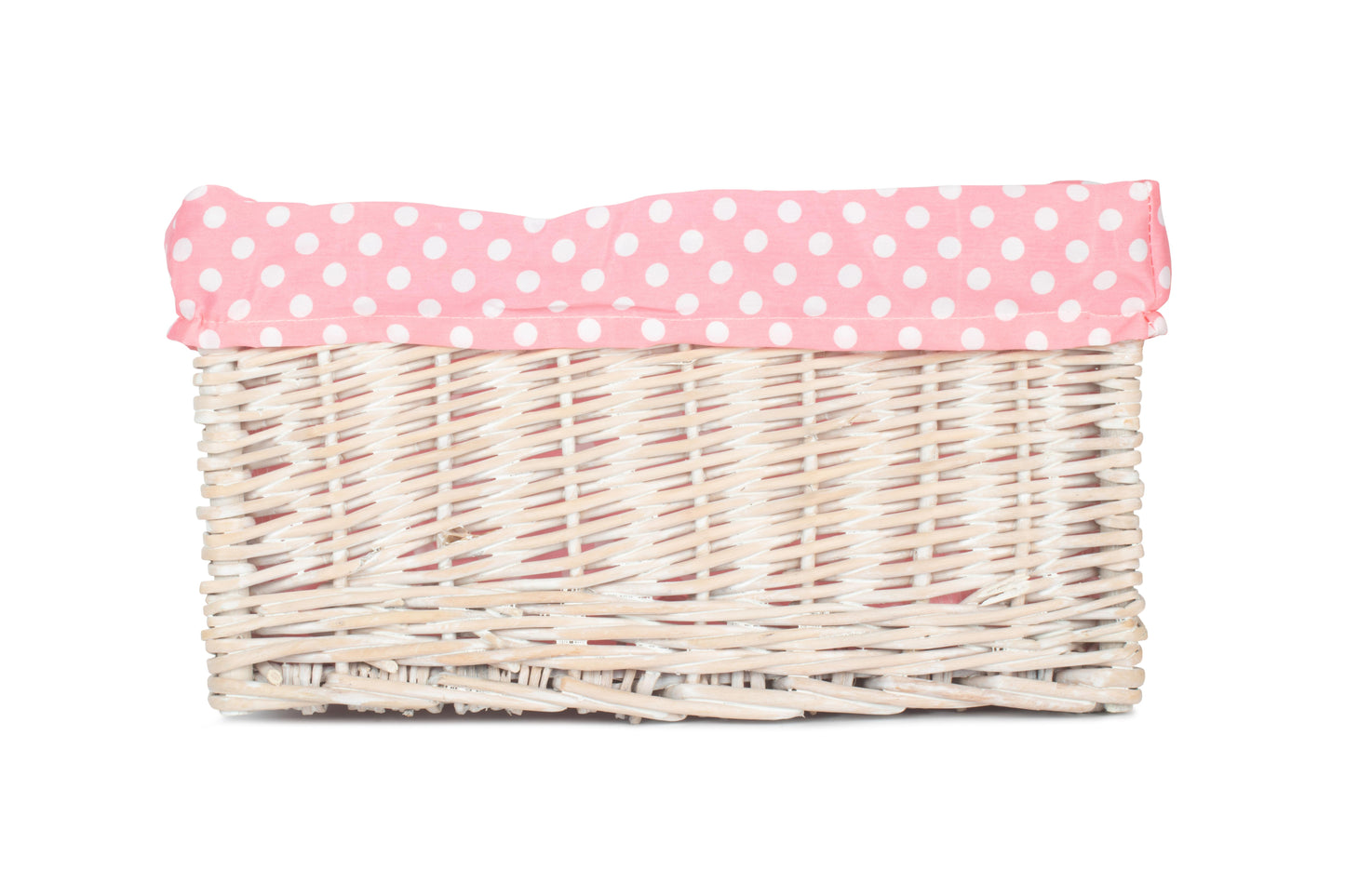 MEDIUM WHITE WASH STORAGE BASKET with PINK SPOTTY LINING