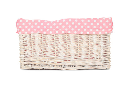 MEDIUM WHITE WASH STORAGE BASKET with PINK SPOTTY LINING
