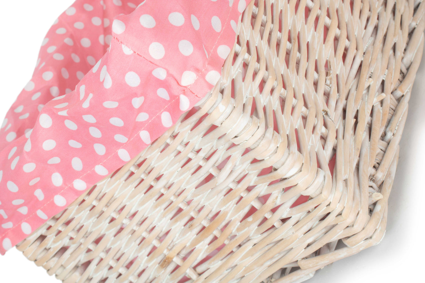 MEDIUM WHITE WASH STORAGE BASKET with PINK SPOTTY LINING