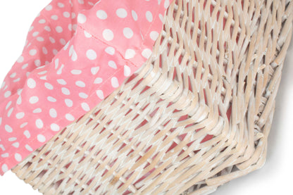 MEDIUM WHITE WASH STORAGE BASKET with PINK SPOTTY LINING