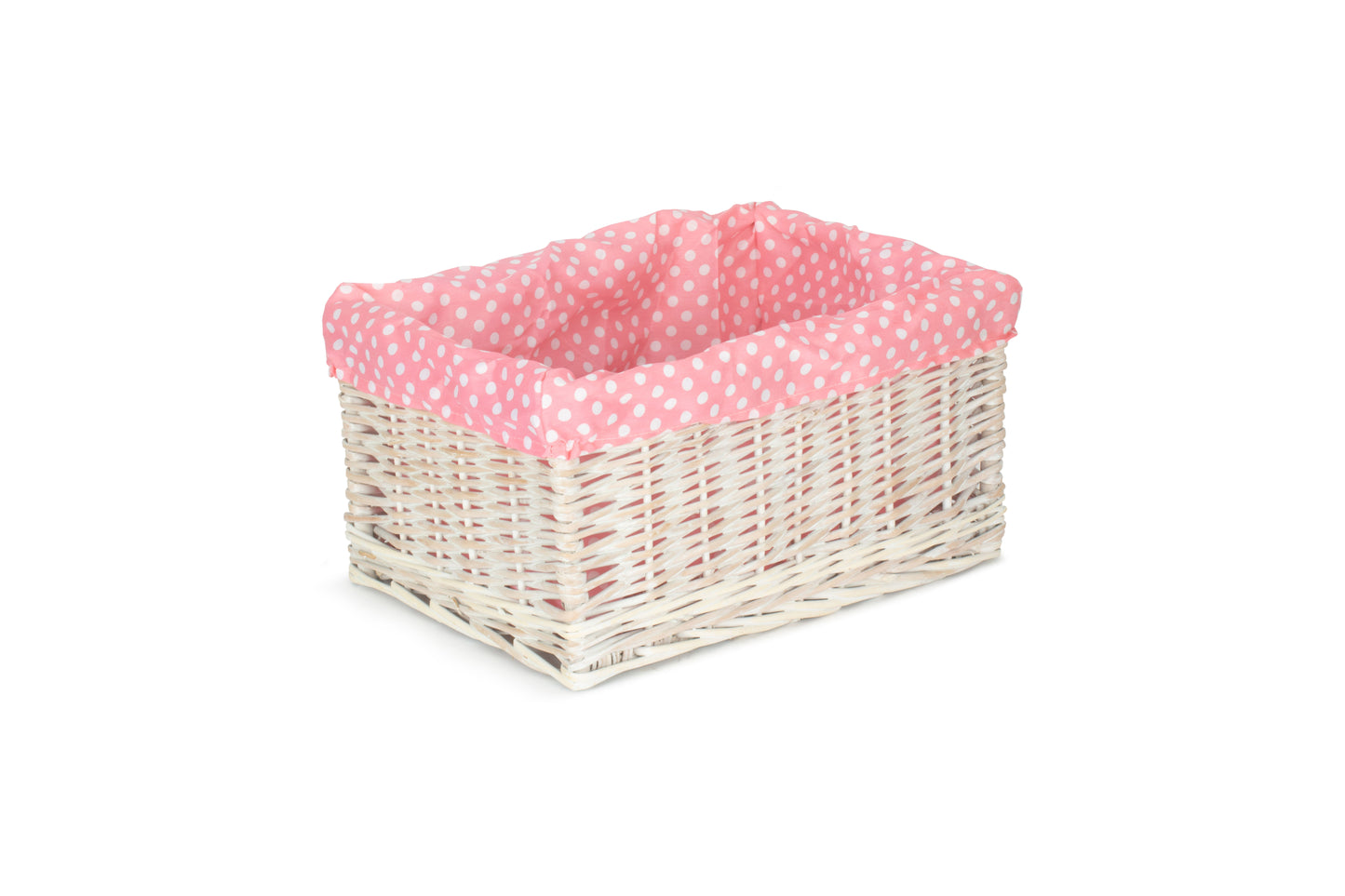 LARGE WHITE WASH STORAGE BASKET with PINK SPOTTY LINING