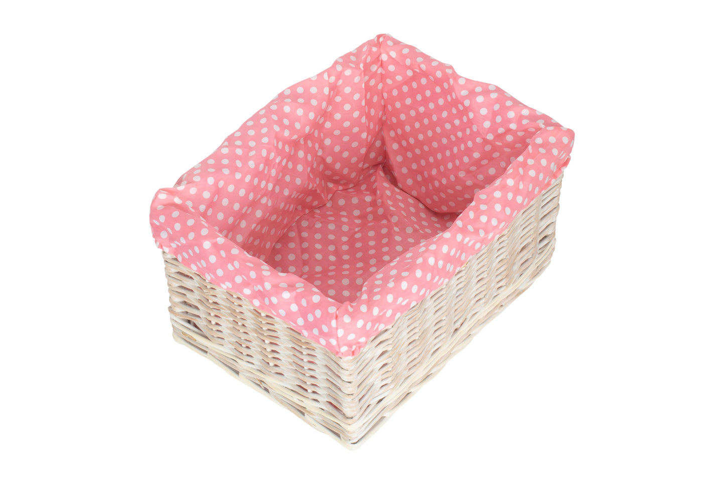 LARGE WHITE WASH STORAGE BASKET with PINK SPOTTY LINING