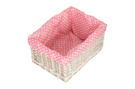 LARGE WHITE WASH STORAGE BASKET with PINK SPOTTY LINING