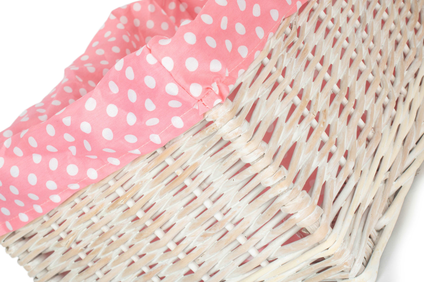 LARGE WHITE WASH STORAGE BASKET with PINK SPOTTY LINING