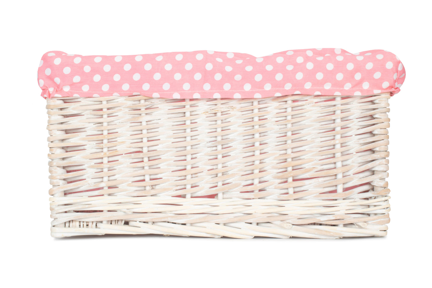 LARGE WHITE WASH STORAGE BASKET with PINK SPOTTY LINING