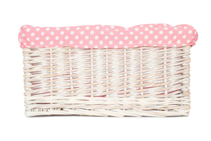 LARGE WHITE WASH STORAGE BASKET with PINK SPOTTY LINING