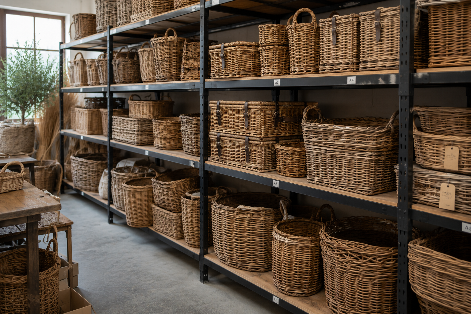 Shelves filled with wicker baskets in a storage room.